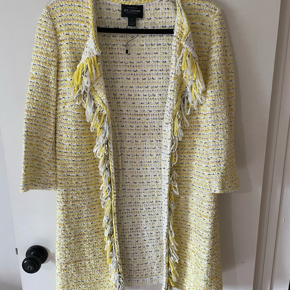 St. John Yellow and Cream Fringe Tweed Jacket